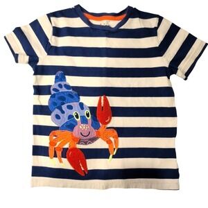Mini Boden Kids Blue White Striped Hermit Crab Applique T-Shirt Size 5-6Y